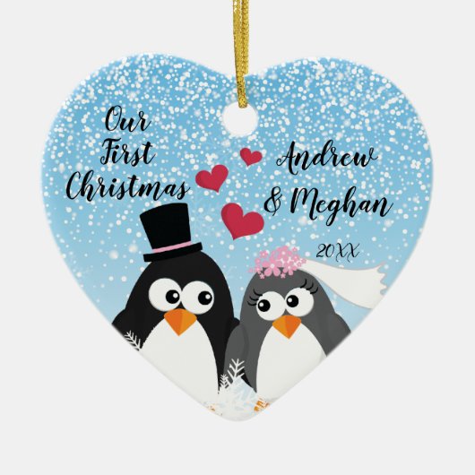 Niedliche Braut-BräutigamPenguins unser erstes Keramik Ornament (Vorne)