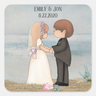 niedliche Braut und Bräutigam am Strand Quadratischer Aufkleber