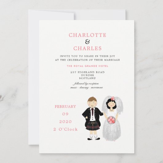 Niedliche Braut und Groom Scottish Wedding Theme Einladung (Vorderseite)