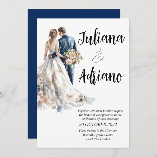 Niedliche Brautbräutigam Aquarellkarte Moderne Hoc Einladung (Vorne/Hinten)