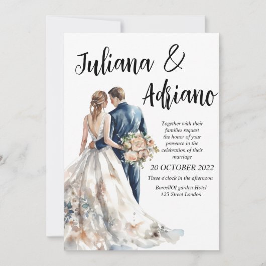 Niedliche Brautbräutigam Aquarellkarte Moderne Hoc Einladung (Vorderseite)