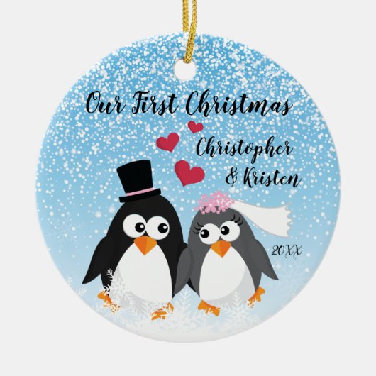 Niedliche Brautu. BräutigamPenguins unser erstes Keramik Ornament (Vorne)