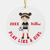 Niedliche Brünette Girl Soccer Personalisierte Wei Keramik Ornament (Vorne)