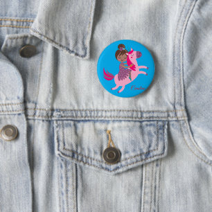 Niedliche Brünette Hair Riding on a Unicorn Button