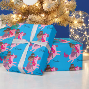 Niedliche Brünette Hair Riding on a Unicorn Geschenkpapier