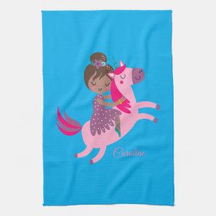 Niedliche Brünette Hair Riding on a Unicorn Geschirrtuch
