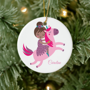 Niedliche Brünette Hair Riding on a Unicorn Keramik Ornament