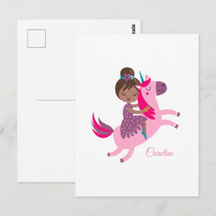 Niedliche Brünette Hair Riding on a Unicorn Postkarte