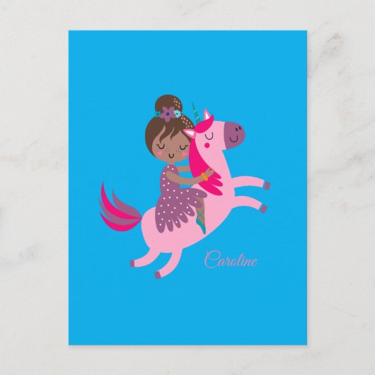 Niedliche Brünette Hair Riding on a Unicorn Postkarte (Vorderseite)