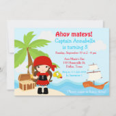 Niedliche Brünette Pirate Girl Geburtstagsparty Einladung (Vorderseite)