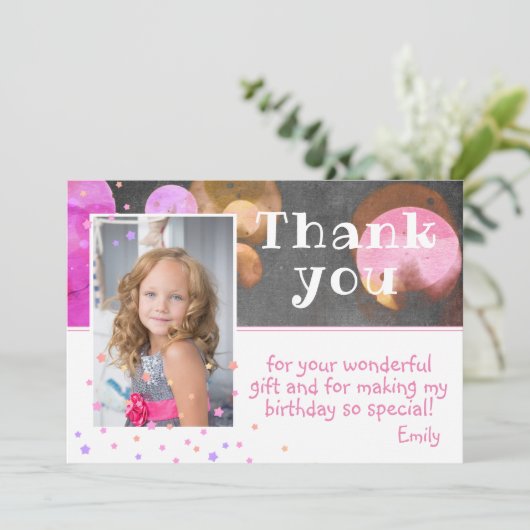 Niedliche Bubbles Chalkboard Girl Foto Dankeskarte (Stehend Vorderseite)