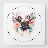 Niedliche Bulldog-Blume Quadratische Wanduhr (Vorderseite)