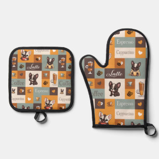 Niedliche Bulldog-Kaffee-Liebe Ofenhandschuh & Topflappen-Set