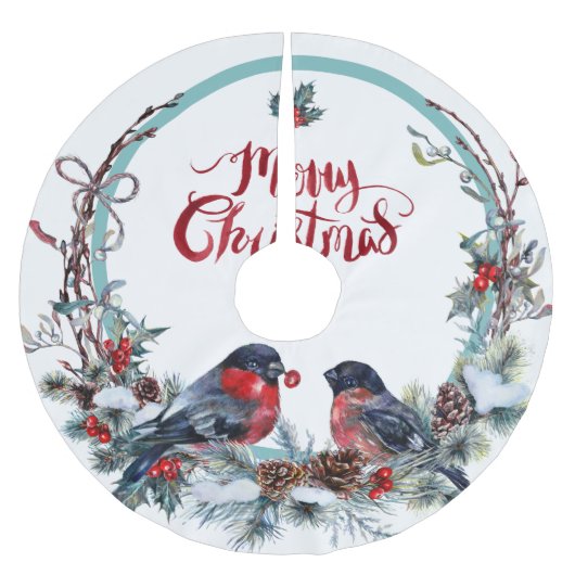 Niedliche Bullfinches Wreath - Frohe Weihnachten Polyester Weihnachtsbaumdecke (Vorderseite)