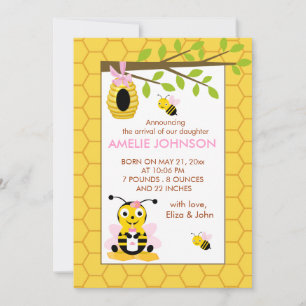 Niedliche Bumble Bee Girl Geburtstagskarte Ankündigung