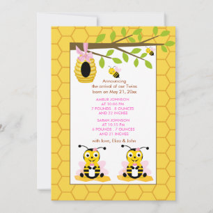 Niedliche Bumble Bee Twins Girl Baby Geburtsankünd Ankündigung