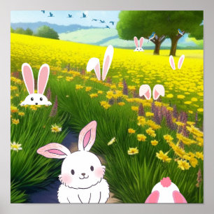 Niedliche Bunnien auf einem Feld Poster