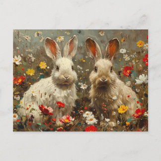 Niedliche bunnies in der Wildblume-Feldmalerei Postkarte