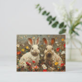Niedliche bunnies in der Wildblume-Feldmalerei Postkarte (Stehend Vorderseite)