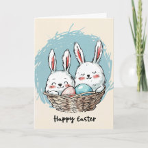 Niedliche Bunnies in einer Korbkarte für Ostern