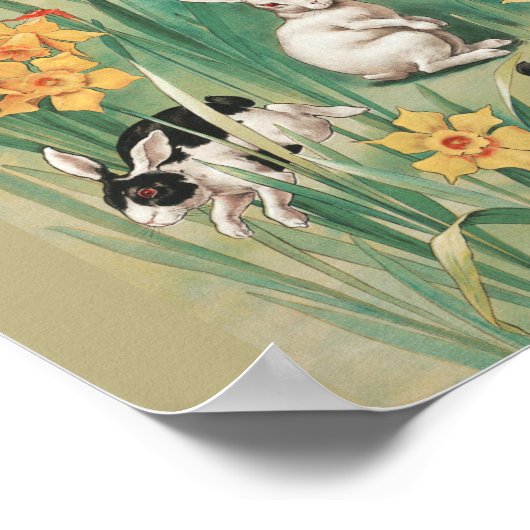 Niedliche Bunnies mit düsteren Blume Antikes Oster Poster (Ecke)