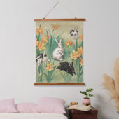 Niedliche Bunnies mit düsteren Blume Antikes Oster Wandteppich Mit Holzrahmen (Schlafzimmer)