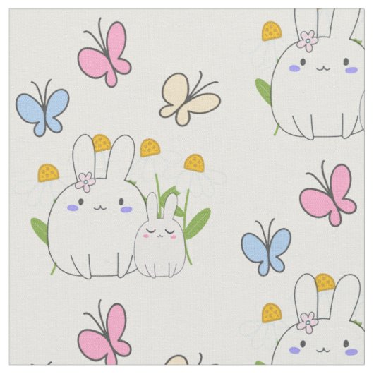 Niedliche Bunnies mit Frühlingsmessen und Schmette Stoff (Nahaufnahme)