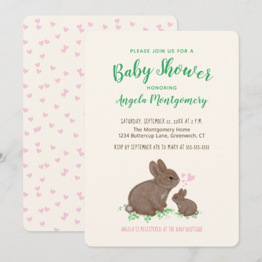 Niedliche Bunnies mit Herz-Baby-Dusche Einladung (Vorne/Hinten)