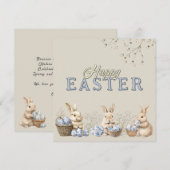 Niedliche Bunnies & Toile Blaue Ostereier Feiertagskarte (Vorne/Hinten)