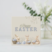 Niedliche Bunnies & Toile Blaue Ostereier Feiertagskarte (Stehend Vorderseite)