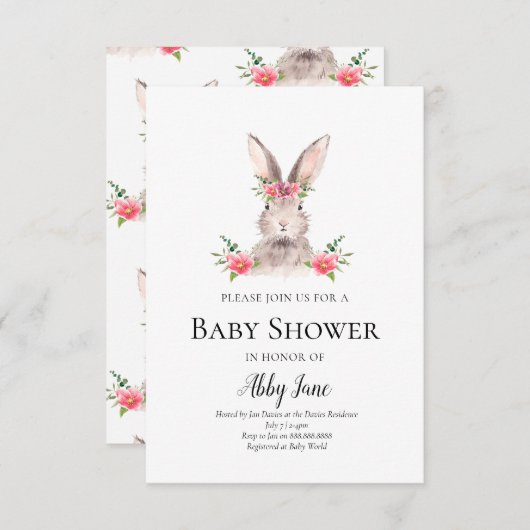 Niedliche Bunny Baby Shower Invitation Girl Einladung (Vorne/Hinten)
