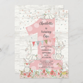 Niedliche Bunny Big One Girls Einladung zum Geburt