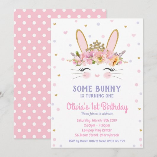 Niedliche Bunny Birthday Einladungen Girls Rabbit (Vorne/Hinten)