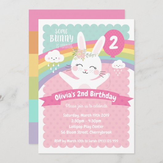 Niedliche Bunny Birthday Einladungen Girls Rainbow (Vorne/Hinten)