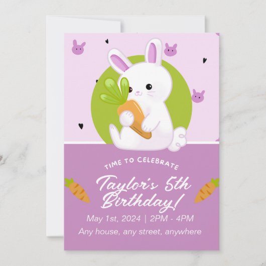 Niedliche Bunny Birthday Party Einladung. Bearbeit Einladung (Vorderseite)