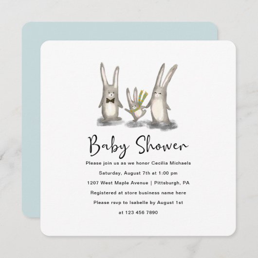 Niedliche Bunny Family Baby Dusche Einladung (Vorne/Hinten)