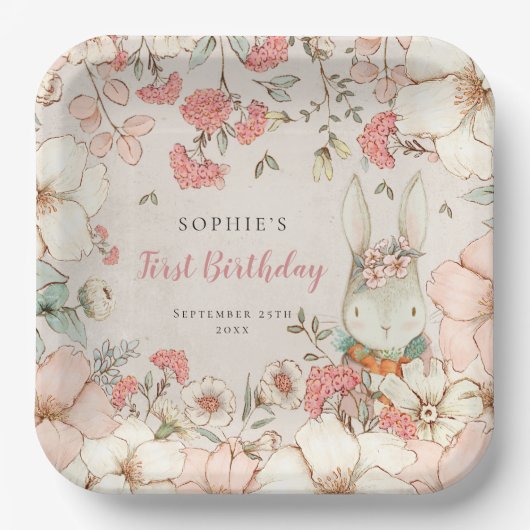 Niedliche Bunny Floral Erster Geburtstag Pappteller (Vorderseite)