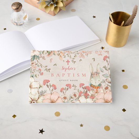 Niedliche Bunny Foliage Girl Blush Taufe Gästebuch (Vorderseite Offen)