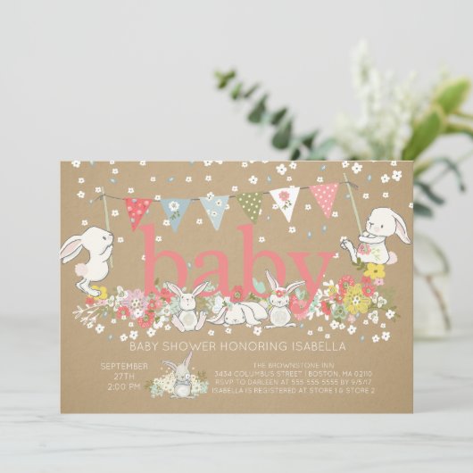 Niedliche Bunny Girls Baby Dusche Einladung (Stehend Vorderseite)