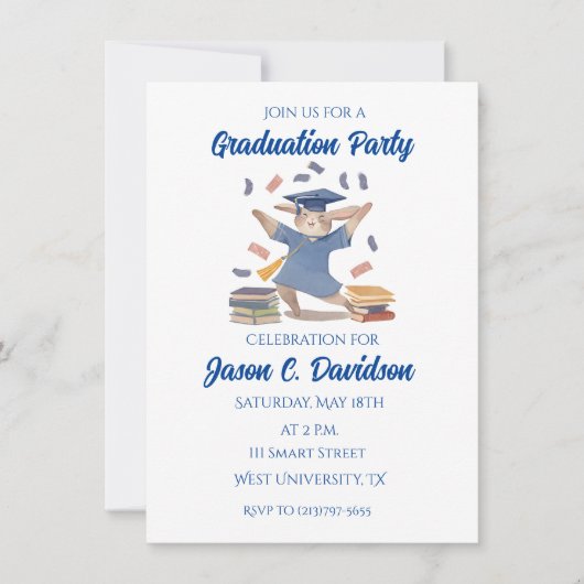 Niedliche Bunny Graduation Party Einladungen Blau (Vorderseite)