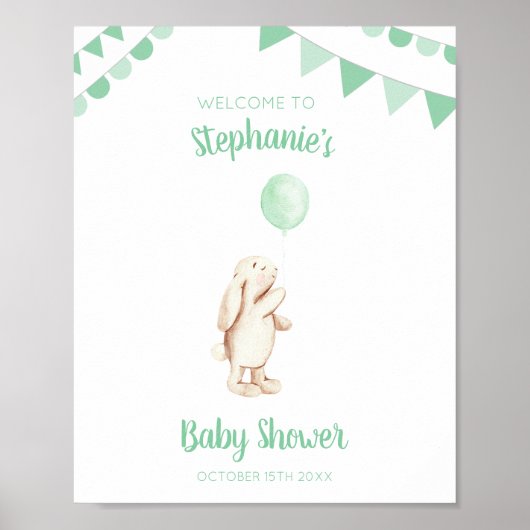 Niedliche Bunny & Green Balloon Wasserfarbe Babydu Poster (Vorne)