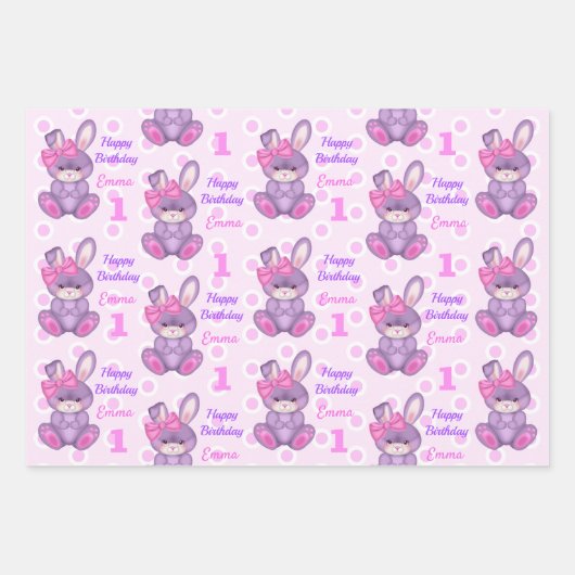 Niedliche Bunny Little Girls Pink & Lavender Name  Geschenkpapier Set (Vorderseite)