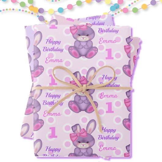 Niedliche Bunny Little Girls Pink & Lavender Name  Geschenkpapier Set