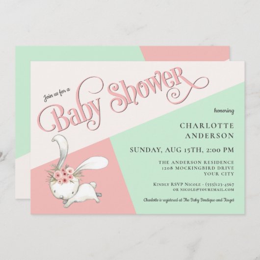 Niedliche Bunny Pastel Girl Kinderdusche Einladung (Vorne/Hinten)