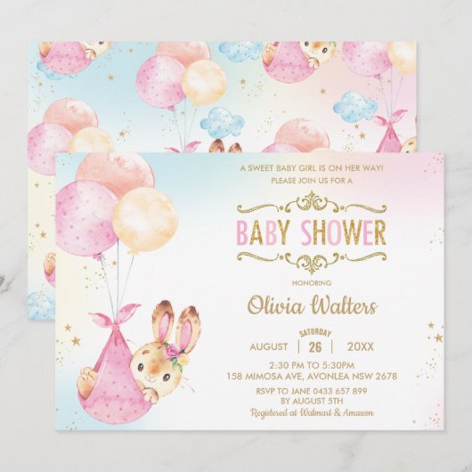 Niedliche Bunny Rabbit Balloons Baby Shower Girl Einladung (Vorne/Hinten)