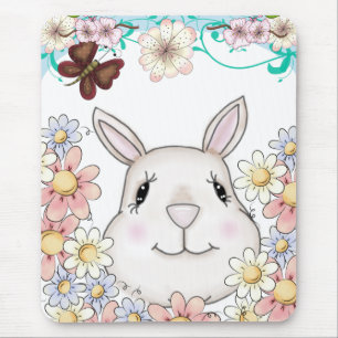 Niedliche Bunny Rabbit Blume & Schmetterlinge Mousepad