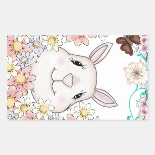 Niedliche Bunny Rabbit Blume & Schmetterlinge Rechteckiger Aufkleber (Vorderseite)