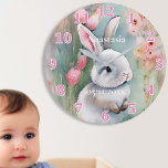 Niedliche Bunny Rabbit Pastel Wasserfarbe Frühling Große Wanduhr<br><div class="desc">Niedliches Hasen,  das zwischen den Aquarellblüten der pastellfarbenen Frühlingsblumen sitzt. Ändern Sie den personalisierten Namen und das Datum oder löschen Sie ihn.</div>