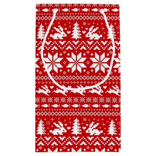 Niedliche Bunny Rabbits Red Christmas Holiday Patt Kleine Geschenktüte (Rückseite)