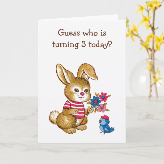 Niedliche Bunny und Bluebird Kinder Dritte Geburts Karte (Gelbe Blume)